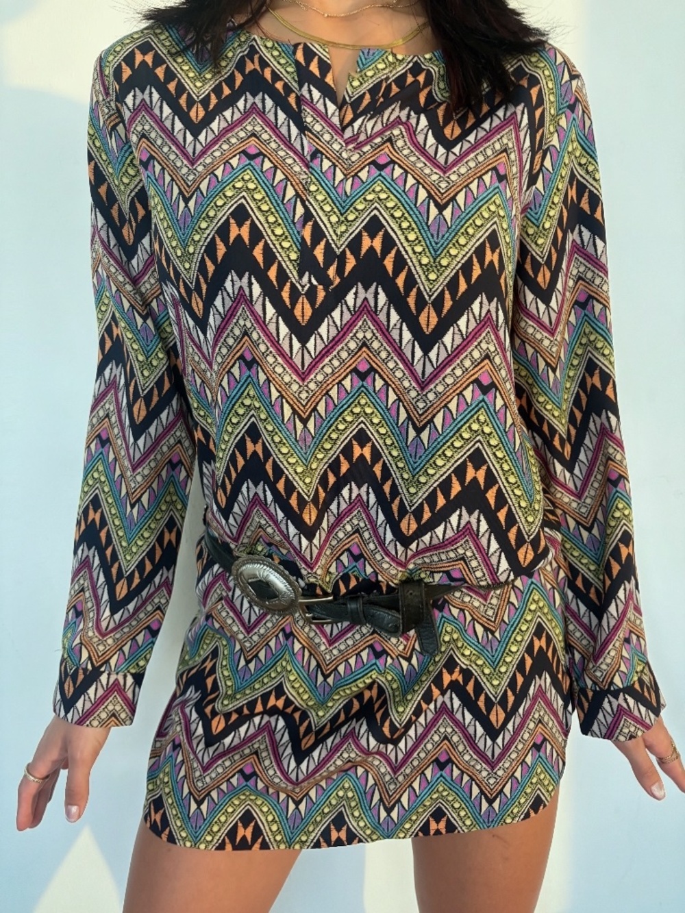 Collective Concepts Boho Geometric Tunic Mini Dress Size S Vacation Resort